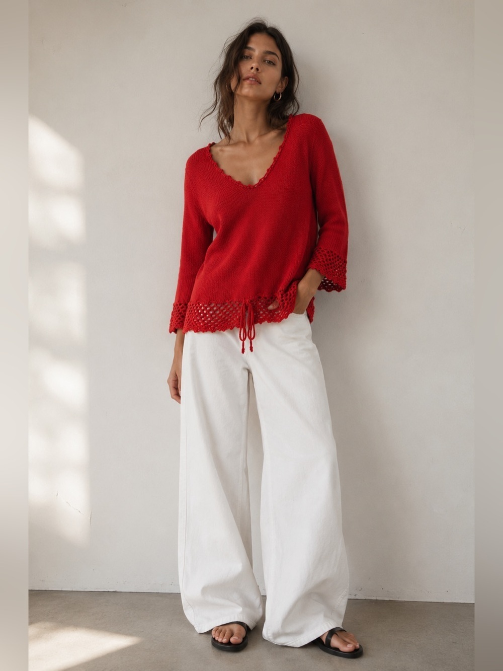 Red Knit Pullover Sweater with Crochet Hem & Cuffs -- Medium